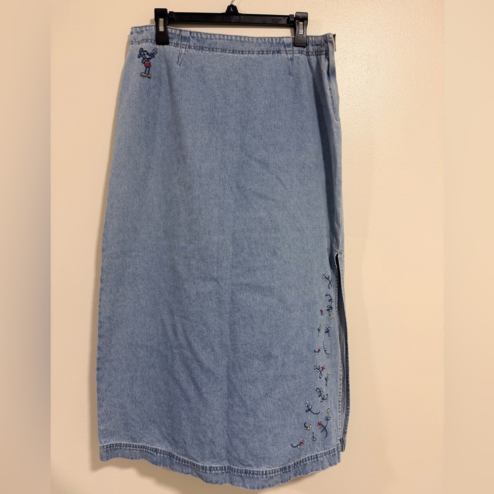 Vintage Disney Store Mickey Mouse Embroidered Jean Skirt Size L Pockets Modest